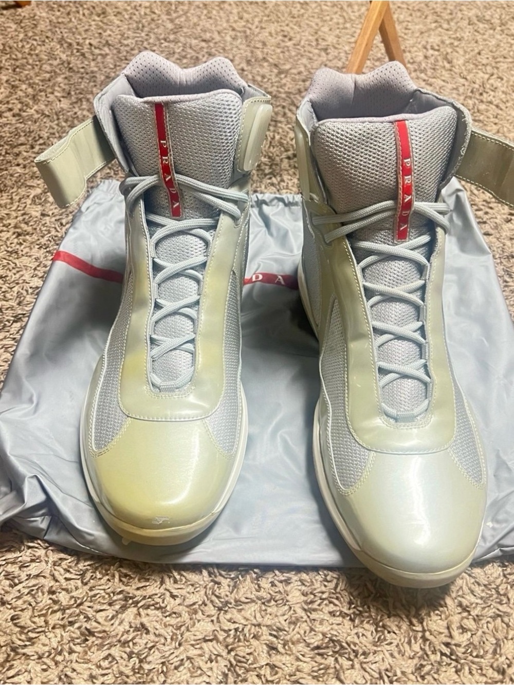 Prada Men’s High-Top Sneakers in Light Gray with Red Trim